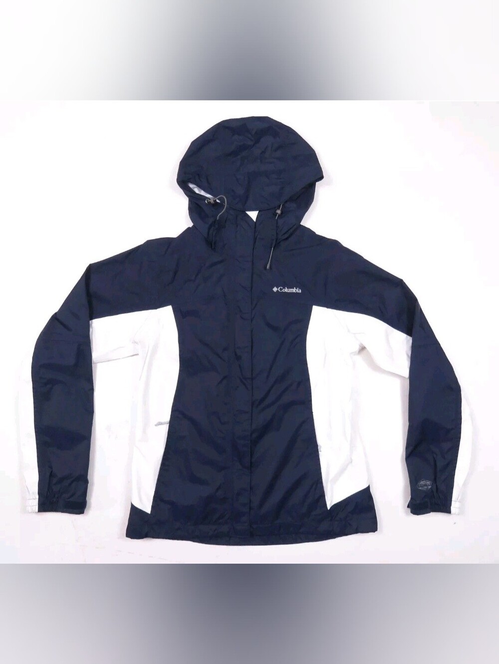 Womens Large Columbia Navy and White Hooded Shell Jacket , Beach Camp Hike Rain